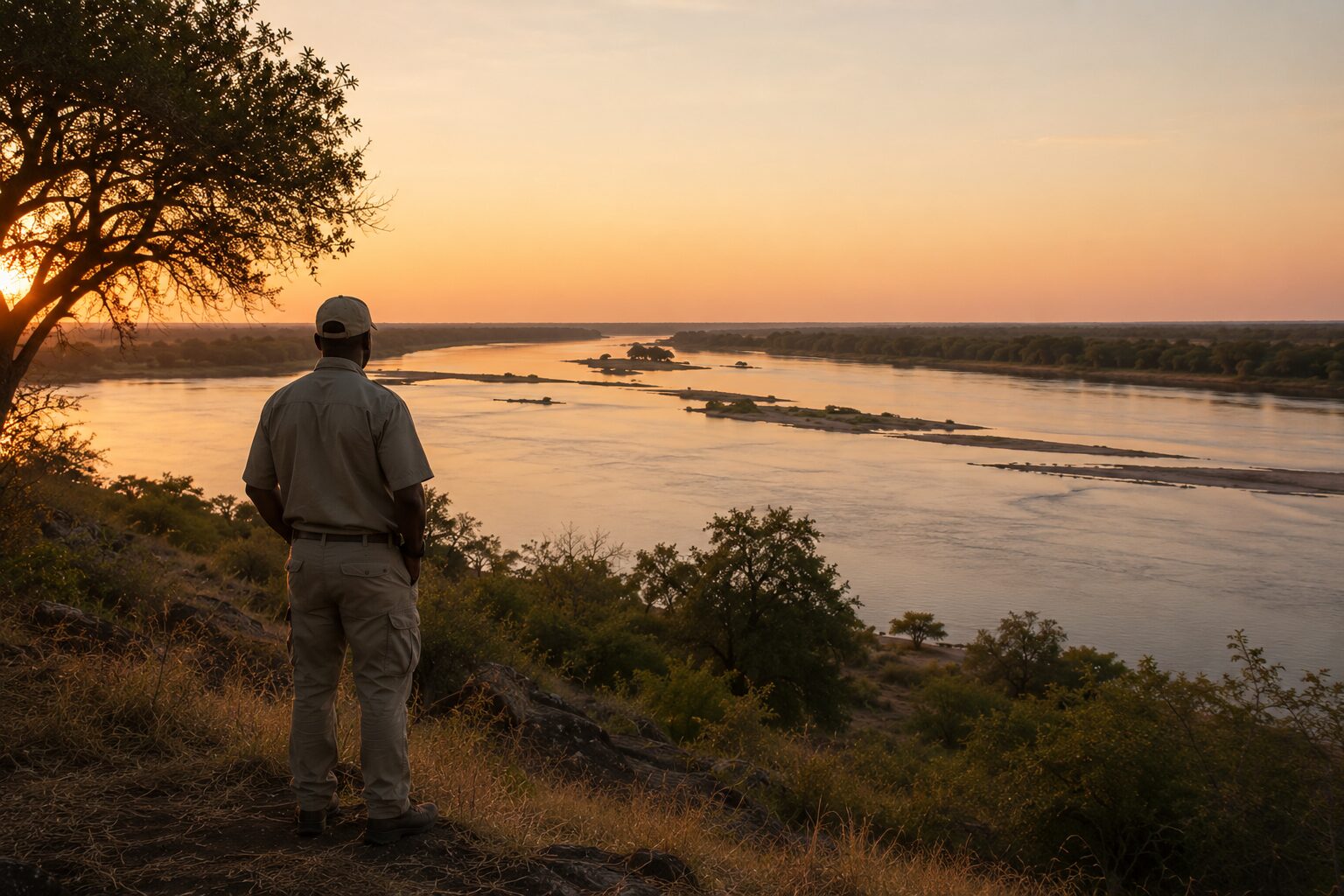 Silhouette overlooking an African landscape at sunset