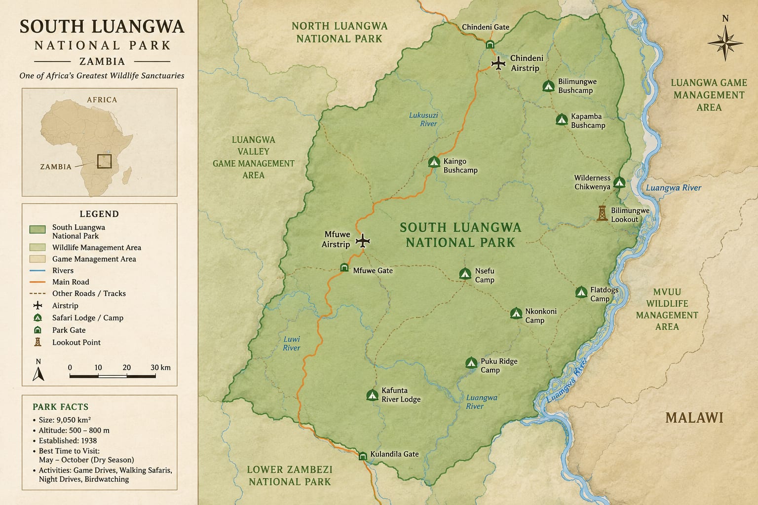 South Luangwa expedition route map