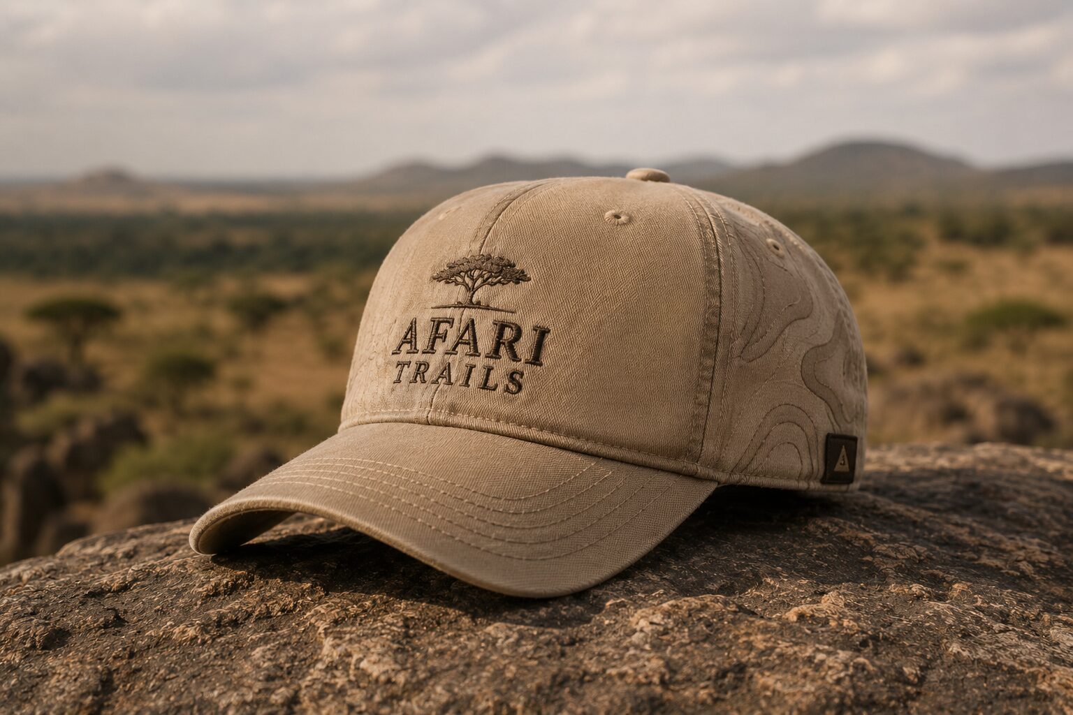 Afari Trails safari cap with embroidered logo on stone in the savanna