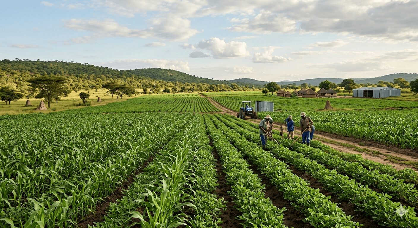 Farmers walking through crops at golden hour