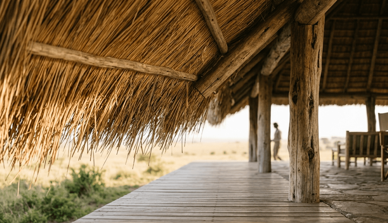 Luxury safari lodge overlooking African wilderness at sunset
