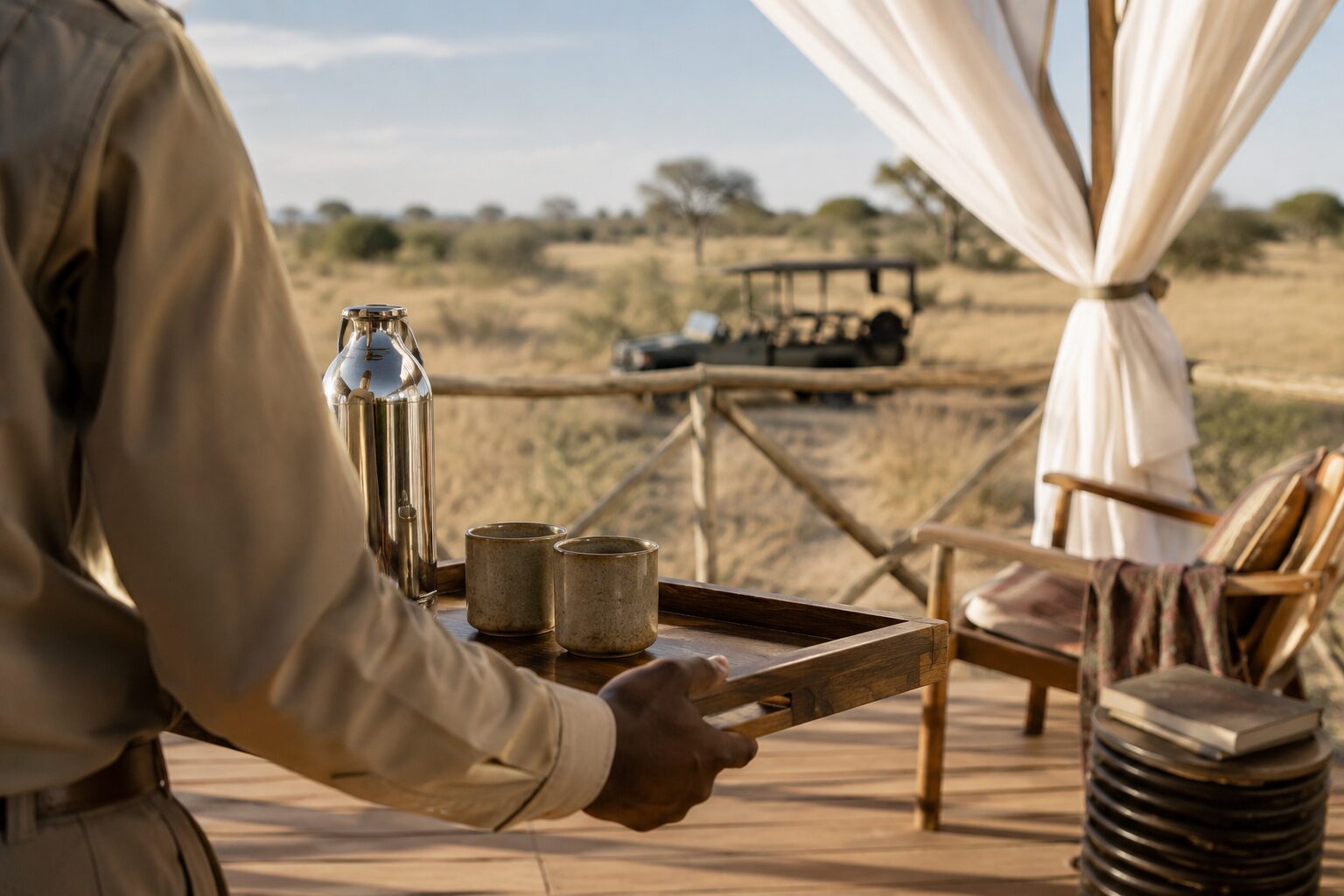 Luxury safari lodge architecture overlooking wilderness at dusk