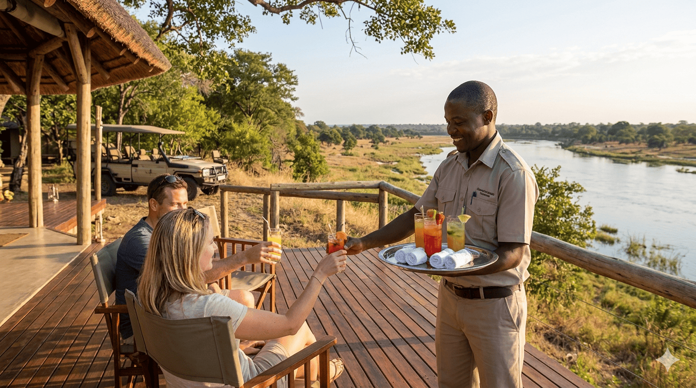 Riverside lodge deck at golden hour